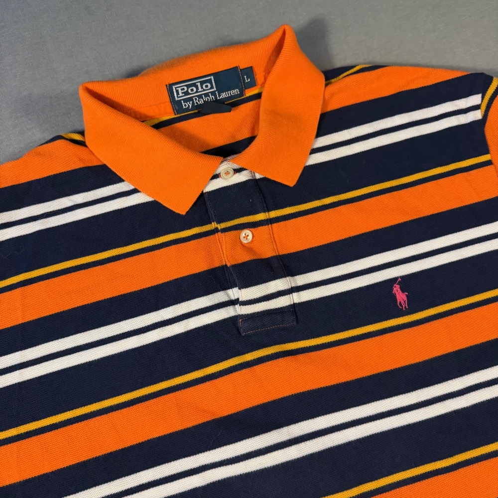 Polo Ralph Lauren Mens Large Orange Navy Blue Striped Cotton Pique Polo Shirt